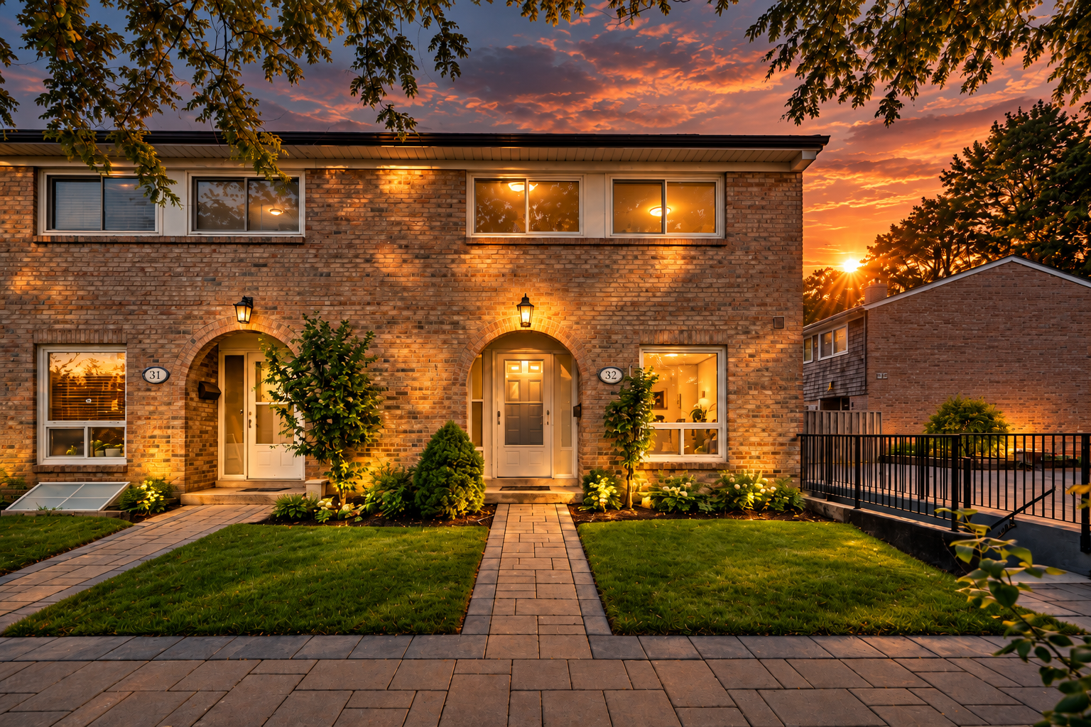 Twilight exterior of the brick townhouse at 1 Wootten Way S, Unit 32, with lit entryways and a sunset sky